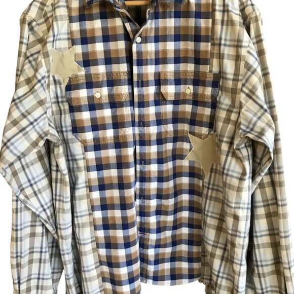 Upcycled Patchwork Plaid Shirt, Size M-L: Boho Mixed Print Top, Star Appliqué - Picture 9 of 11